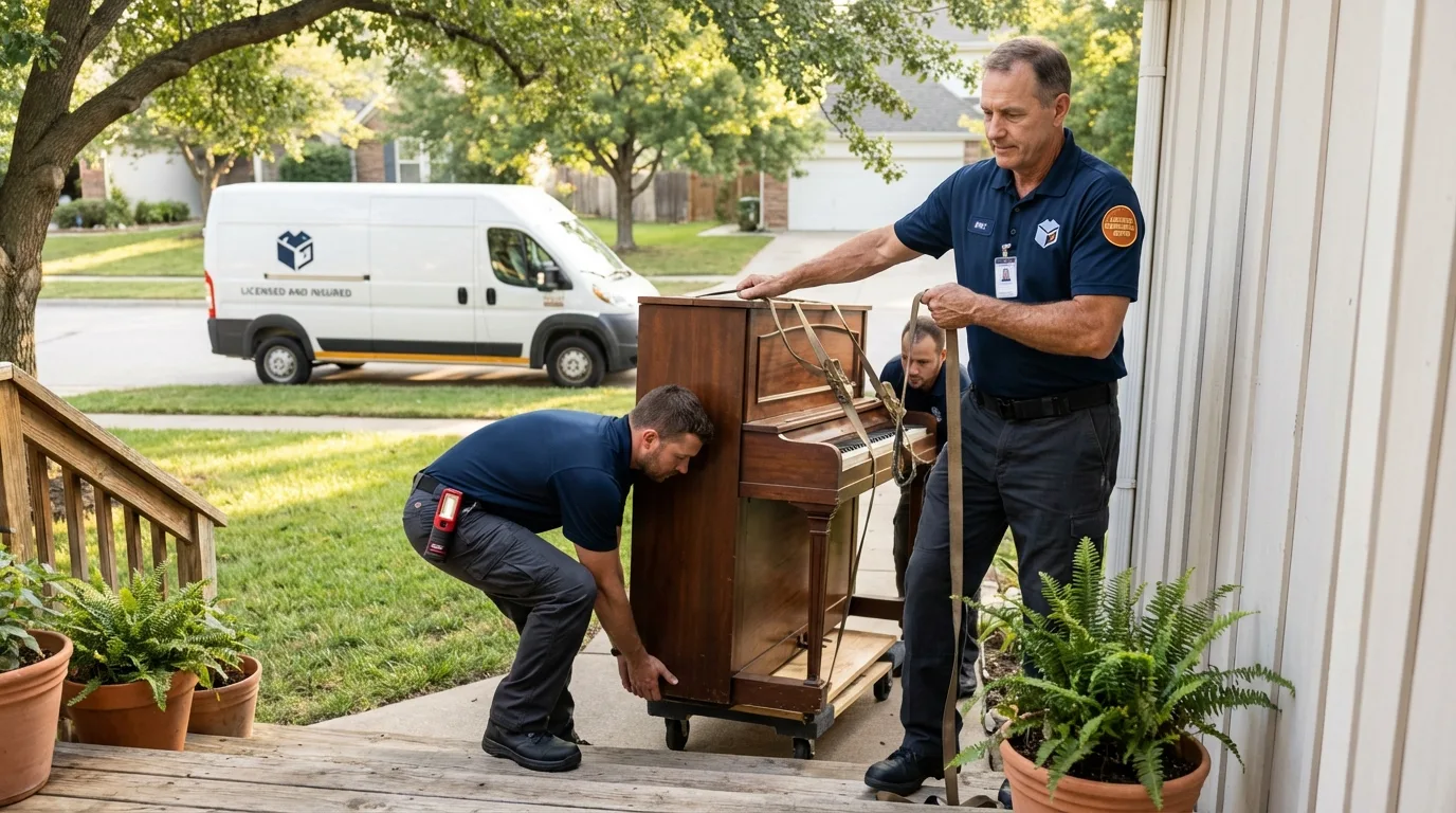 Licensed piano movers securing grand piano in Brookfield, MO
