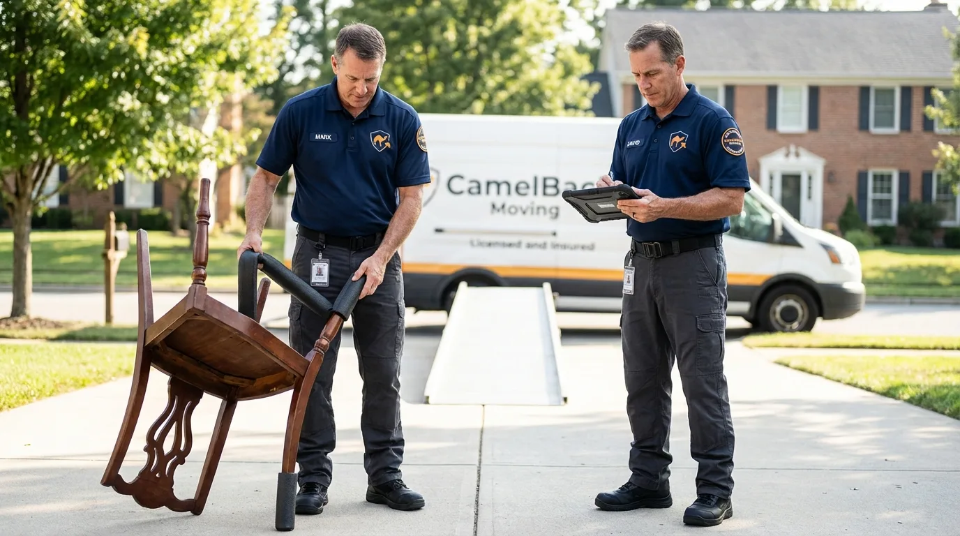 Movers inspecting furniture for damage prevention before loading in Brookfield, MO